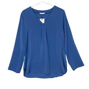 Youtalia Blouse Womens Large Blue Pleated V-Neck Roll‎ Tab Sleeve Shirt NWT